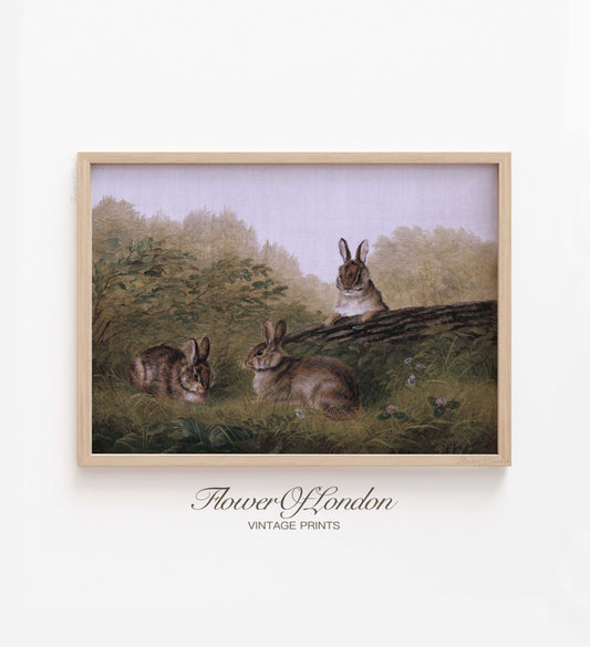 Vintage Rabbits Print, Neutral Rustic Country Nursery Bunnies Easter Oil Painting, #35