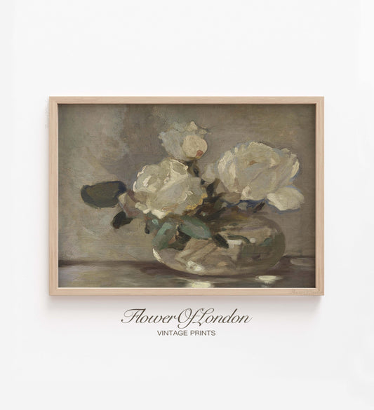 Roses Bouquet Print, Vintage Muted Neutral White Flowers Still Life, #60