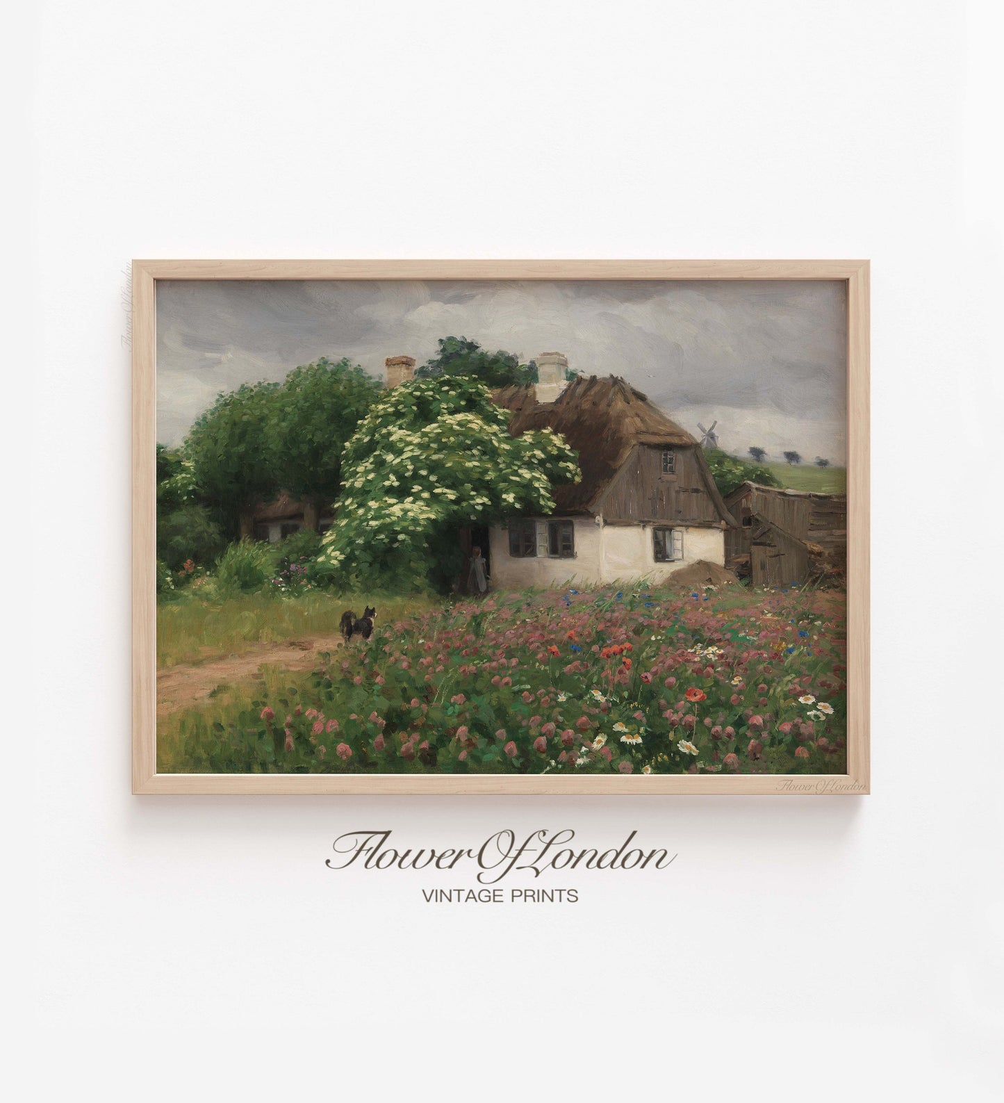 a painting of a house in a field of flowers