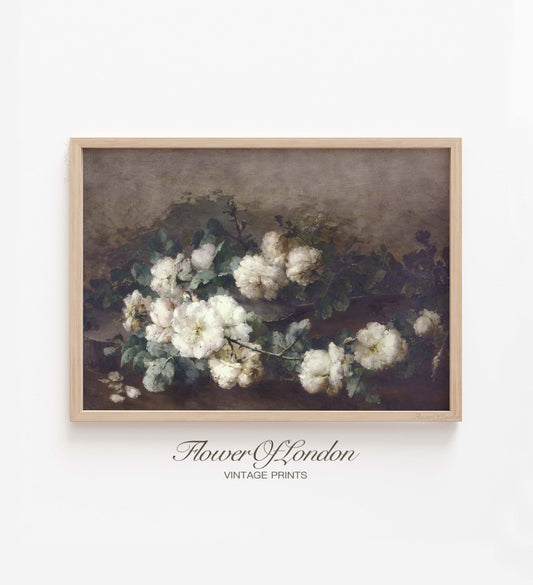 Vintage Roses Print, Rustic Moody Neutral Still Life White Flowers, #47