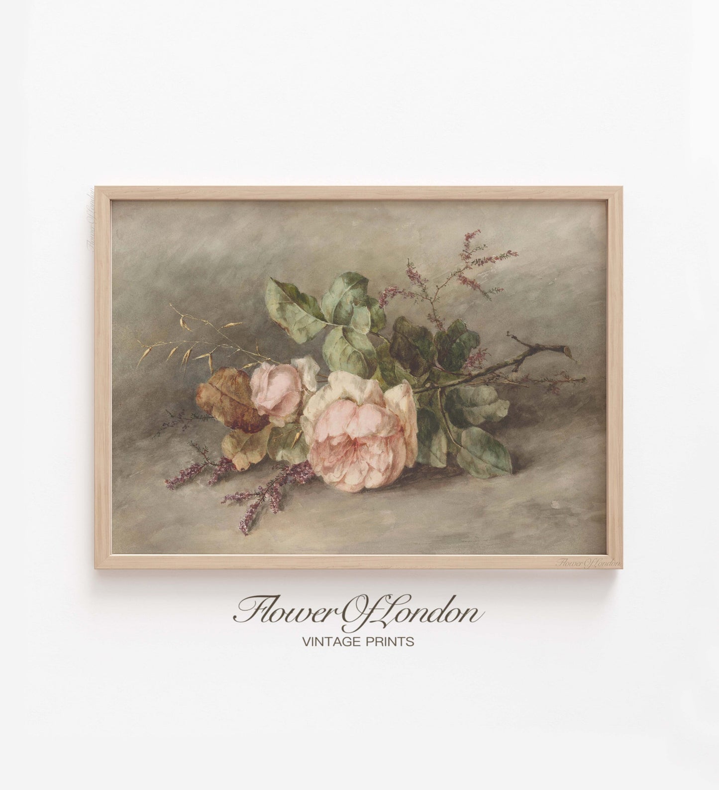 Pink Roses Print, Vintage Flowers Still Life, Neutral Botanical Watercolour, #40