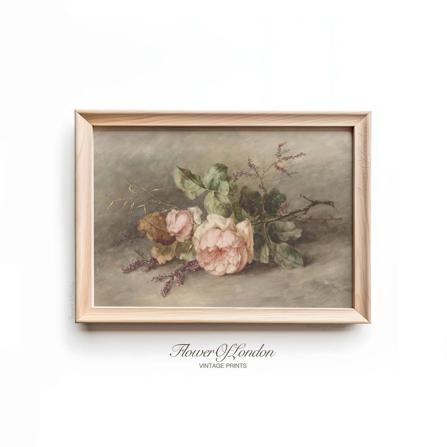 Pink Roses Print, Vintage Flowers Still Life, Neutral Botanical Watercolour, #40