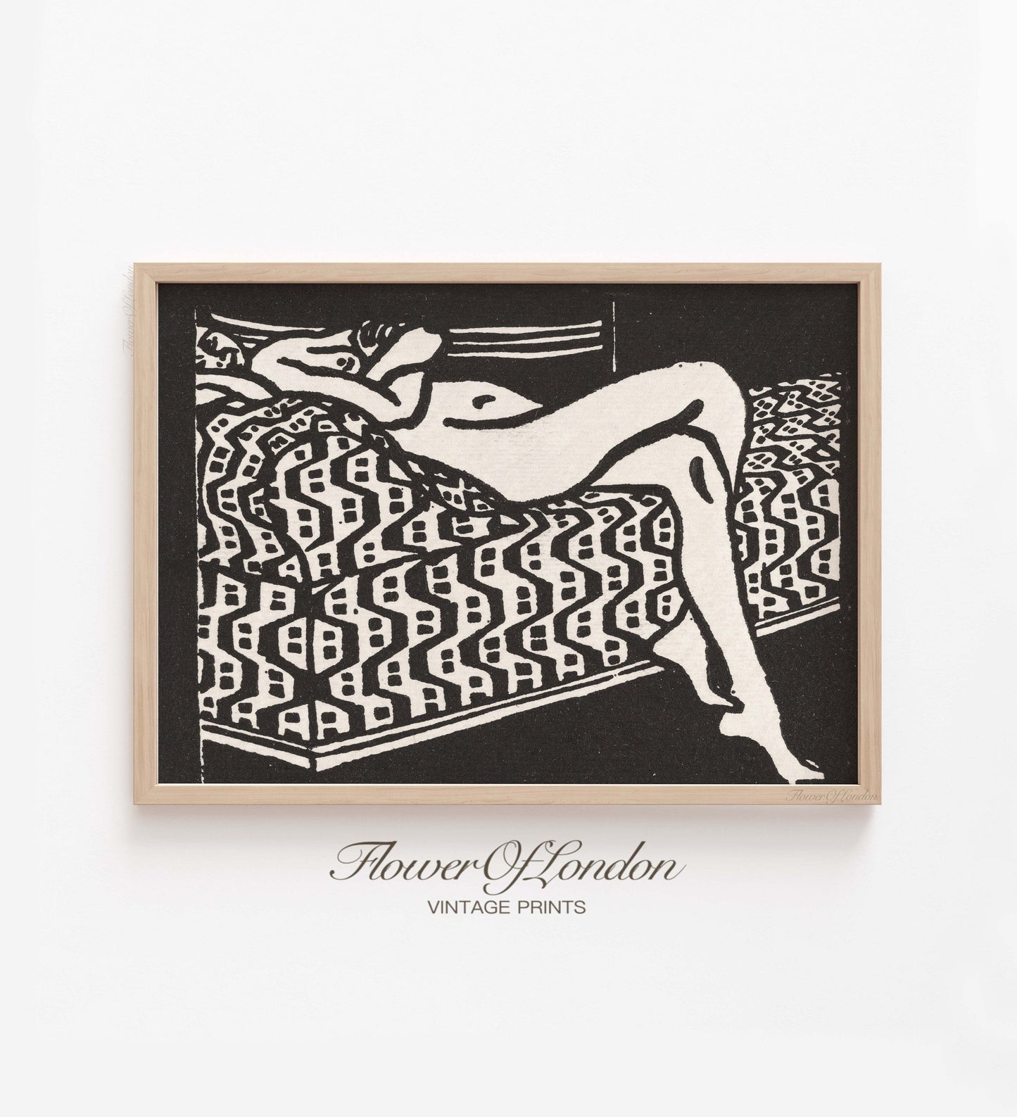 Vintage Abstract Nude Print, Minimalist Black & White Lying Nude Female, #87