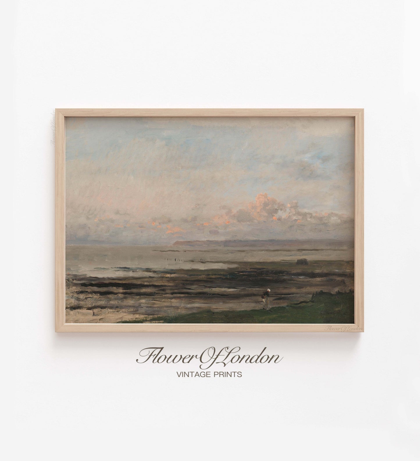 Moody Coastal Print, Vintage Rustic Beach Painting, Neutral Pastel Muted Seascape, #89