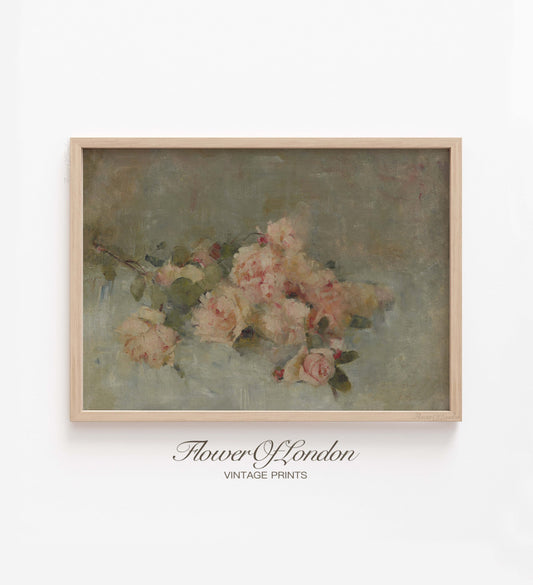 Pink Roses Print, Vintage Muted Neutral Flowers Still Life, #55