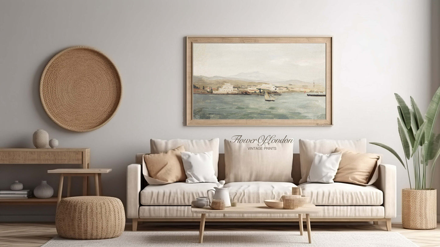 Mediterranian Coastal Print, Vintage Muted Venice Sailboats Landscape, #59