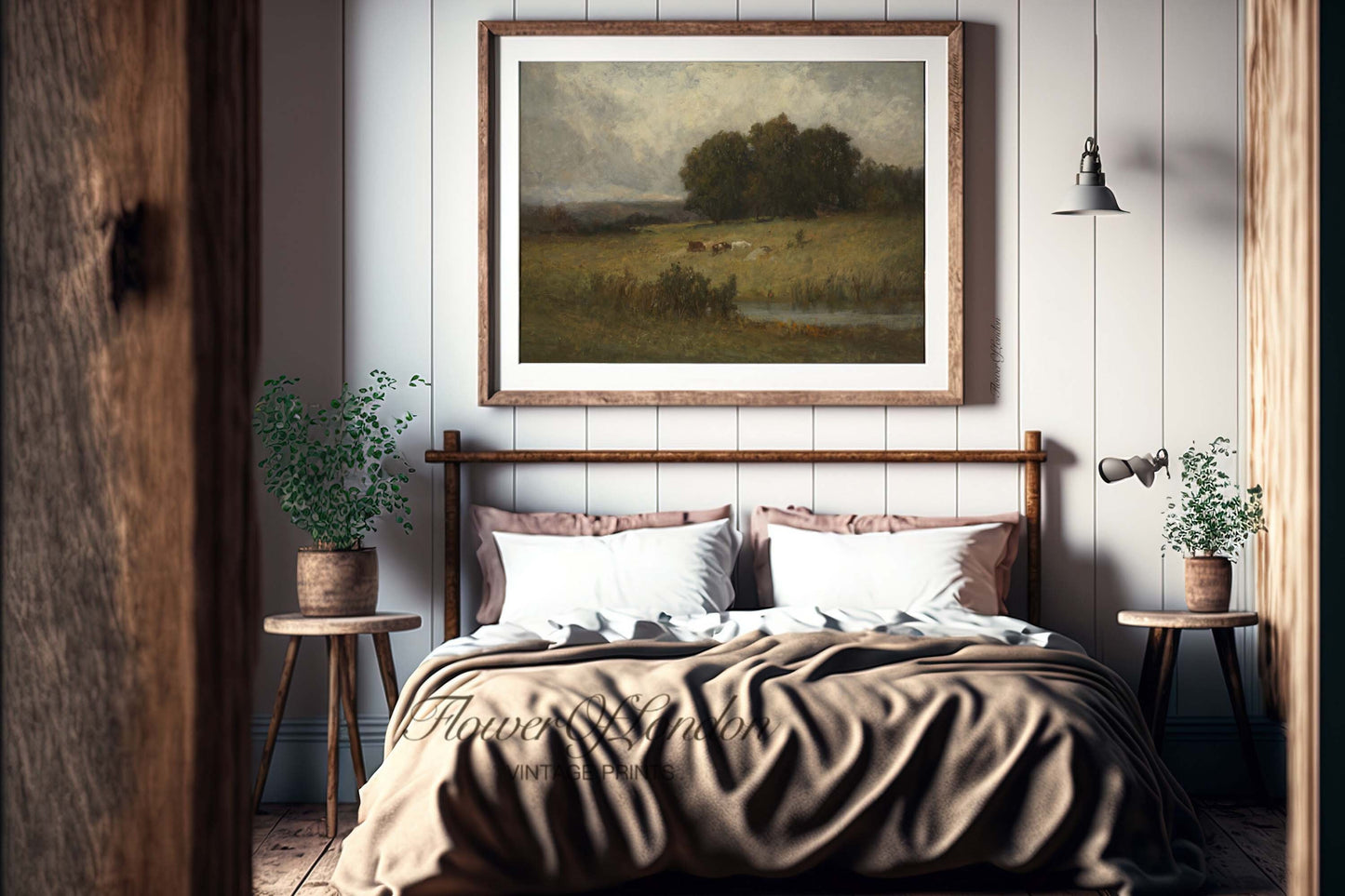 Dark Moody Landscape Print, Vintage Muted Tonal Grazing Cows River Countryside, #112