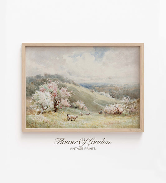 Spring Landscape Print, Vintage Meadow Sheep Pasture, Pastel Nursery Girls Room, #109