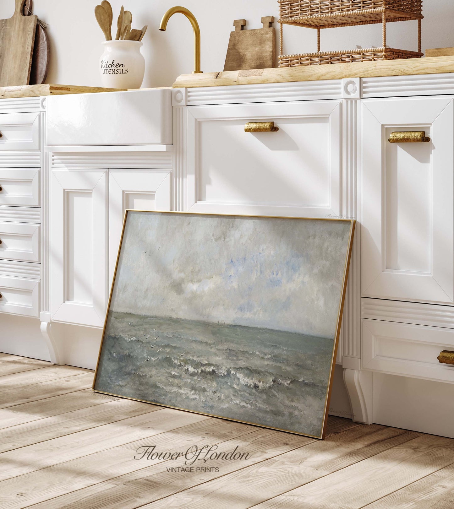 Moody Coastal Print, Vintage Rustic Neutral Seascape Painting, #117