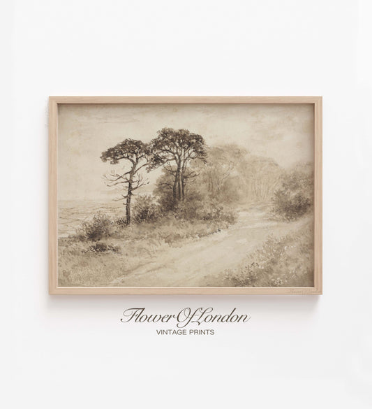 Rustic Moody Landscape Print, Vintage Beige Neutral Trees Sketch, #120