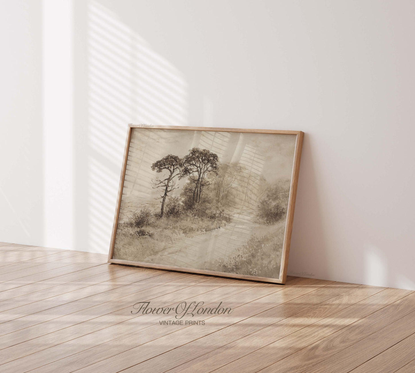 Rustic Moody Landscape Print, Vintage Beige Neutral Trees Sketch, #120