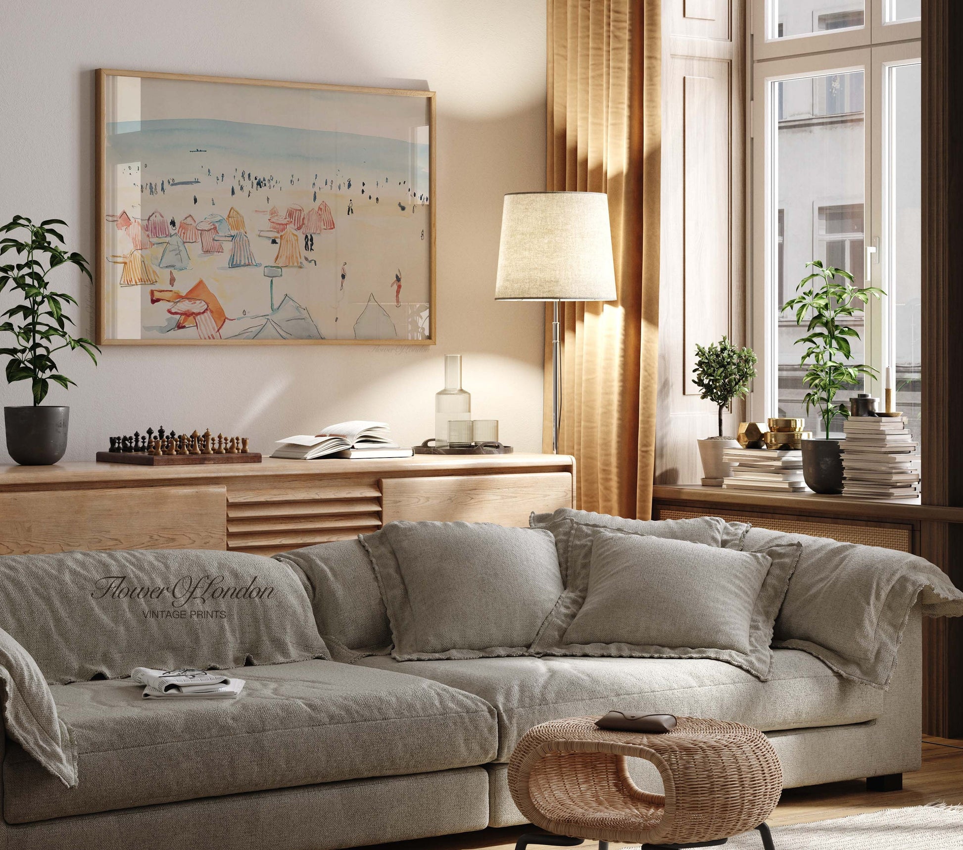 a living room filled with furniture and a painting on the wall