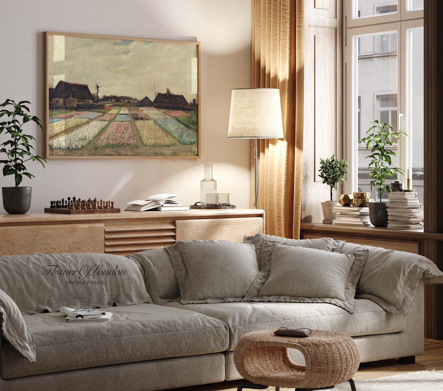 a living room filled with furniture and a painting on the wall