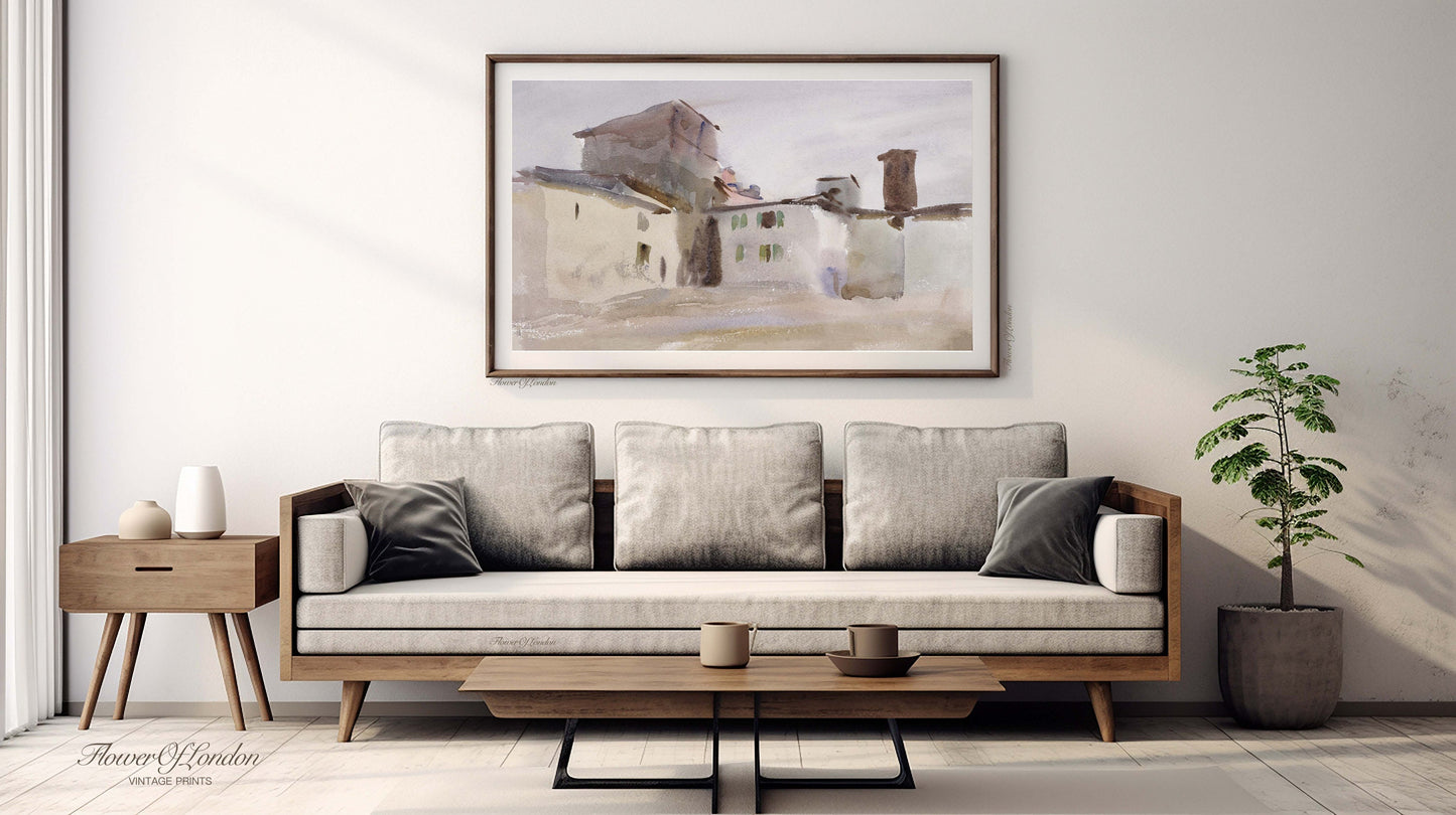 Italian Villa Print, Neutral Vintage Rustic Mediterranian City Painting, #81