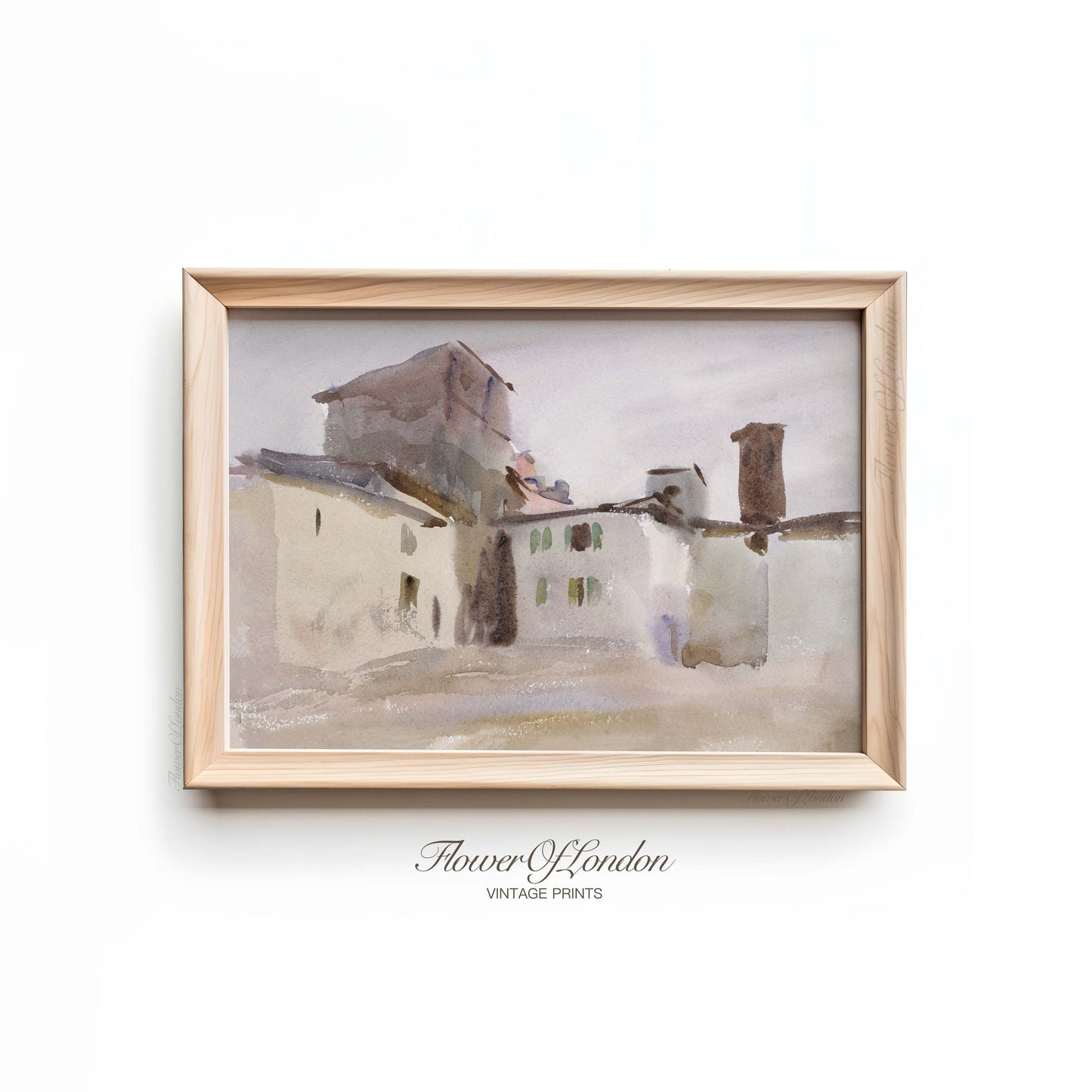 Italian Villa Print, Neutral Vintage Rustic Mediterranian City Painting, #81