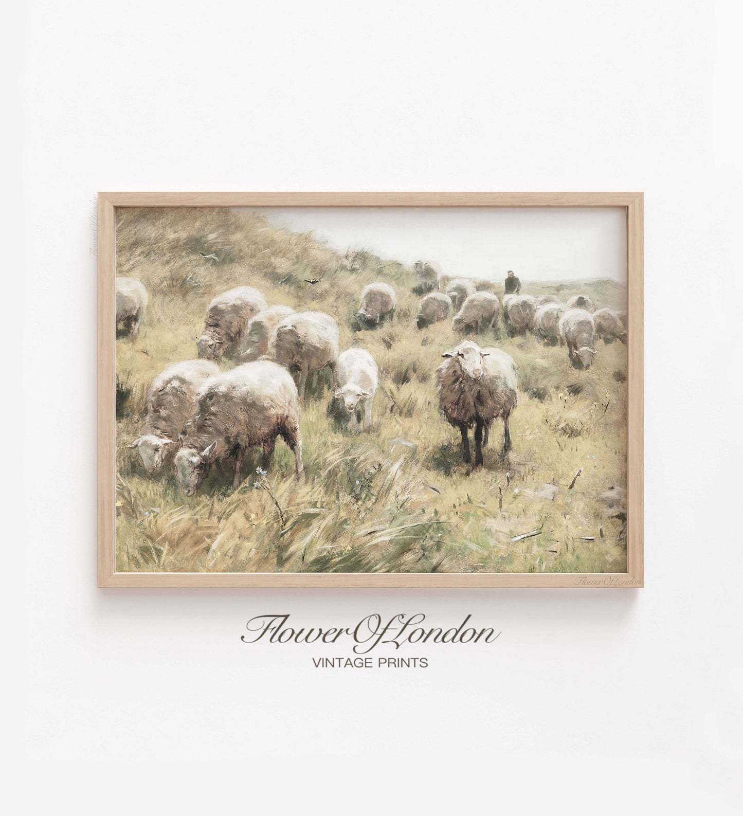 Sheep Landscape Print, Vintage Summer Pastoral Pastel Nursery, Sheep Pasture, #95