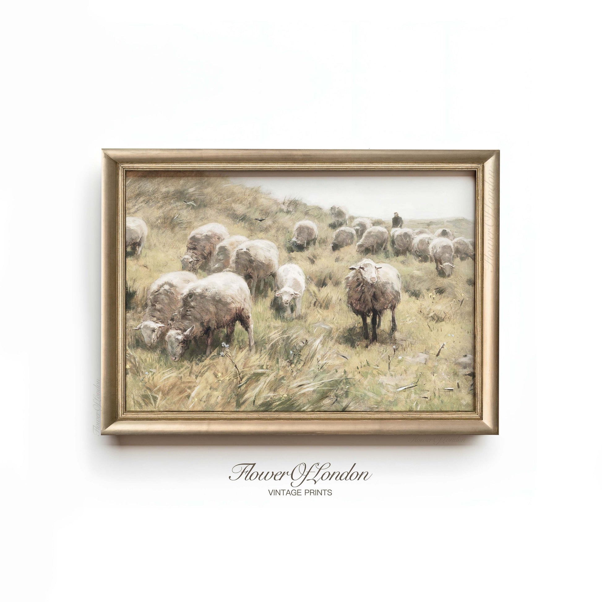 a painting of a herd of sheep grazing in a field