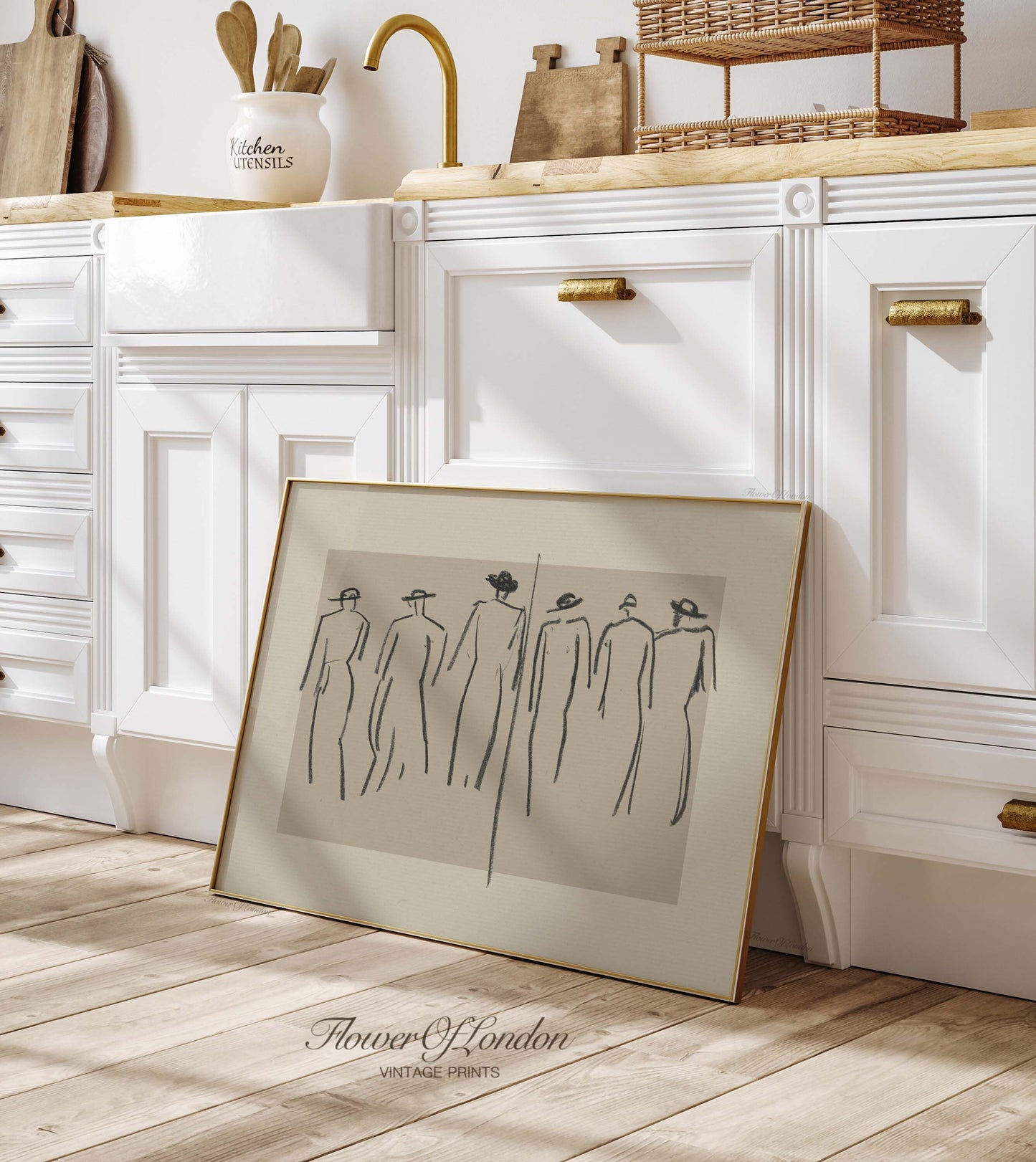 a picture frame sitting on the floor in a kitchen