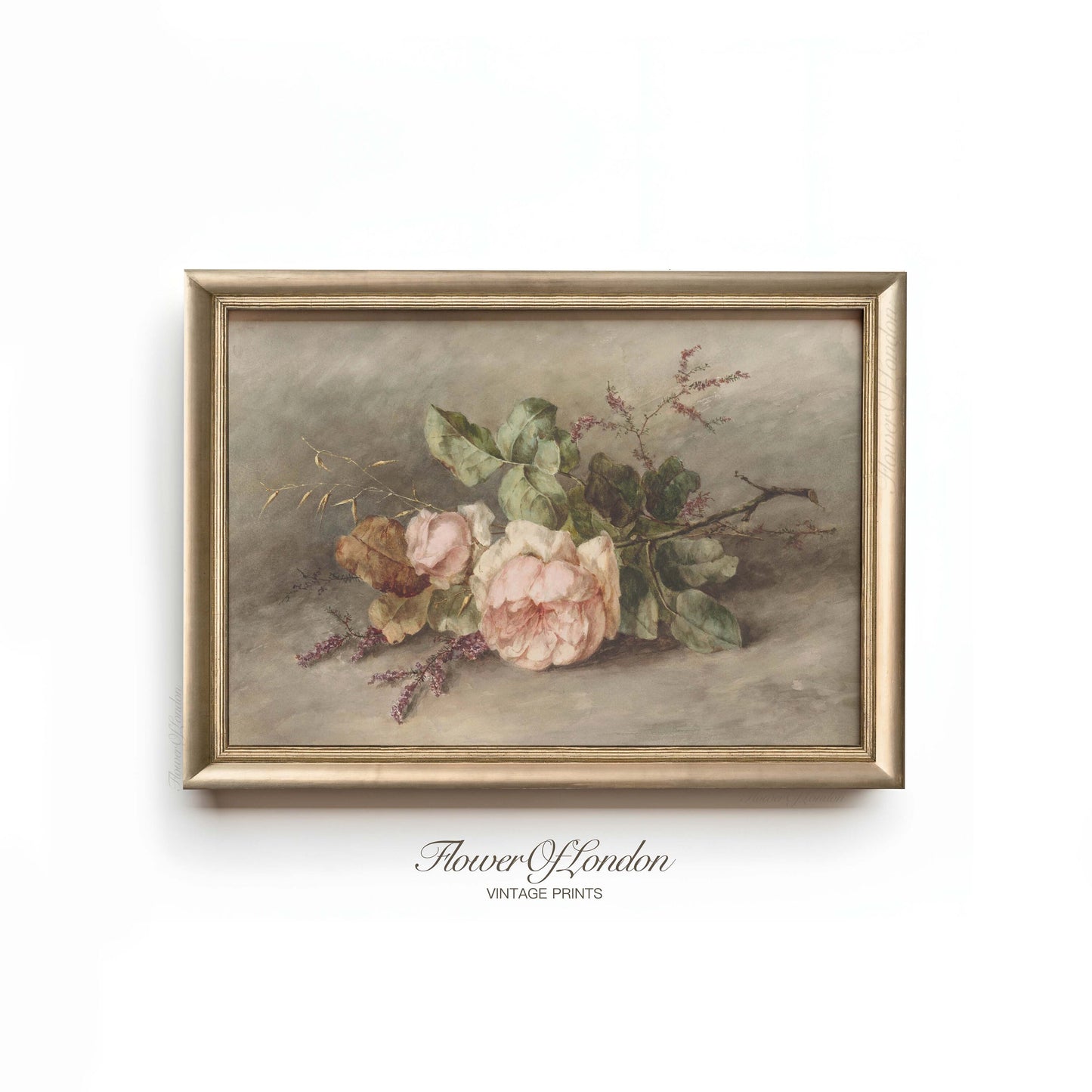 Pink Roses Print, Vintage Flowers Still Life, Neutral Botanical Watercolour, #40