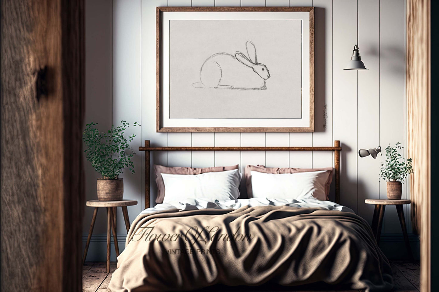 a bedroom with a bed and a picture on the wall