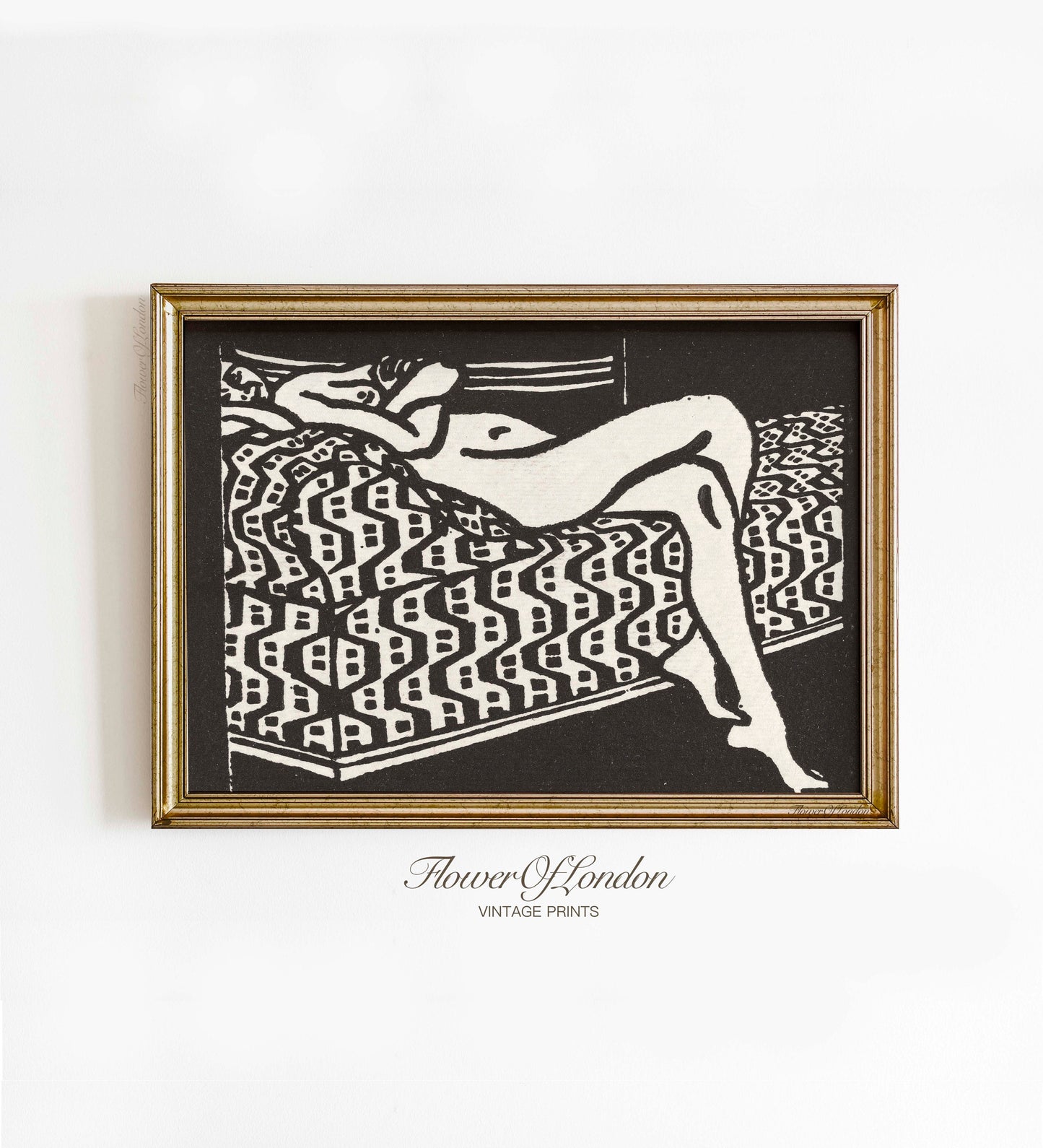 Vintage Abstract Nude Print, Minimalist Black & White Lying Nude Female, #87