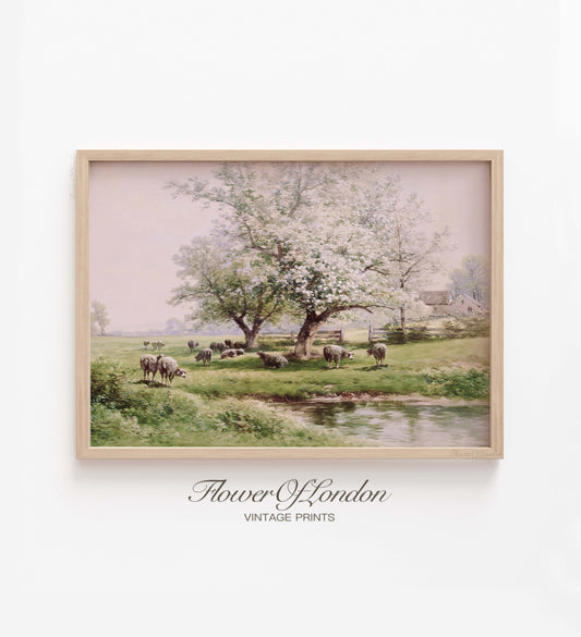 Spring Landscape Print, Vintage Meadow Blossoming Tree Sheep Pasture Nursery, #73