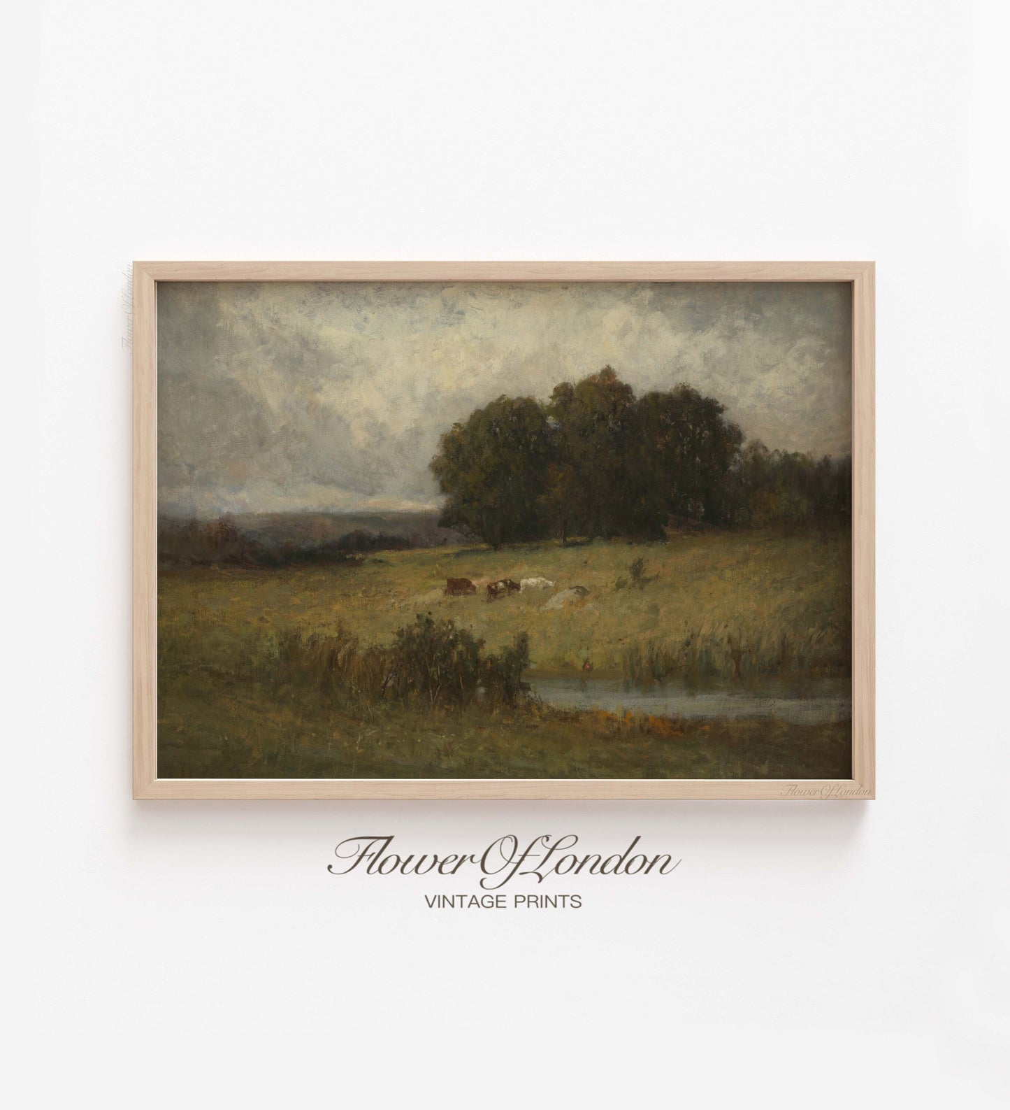 Dark Moody Landscape Print, Vintage Muted Tonal Grazing Cows River Countryside, #112