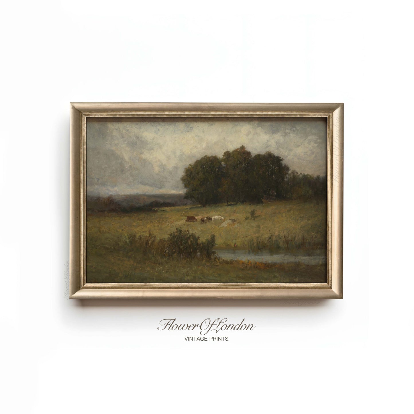 Dark Moody Landscape Print, Vintage Muted Tonal Grazing Cows River Countryside, #112