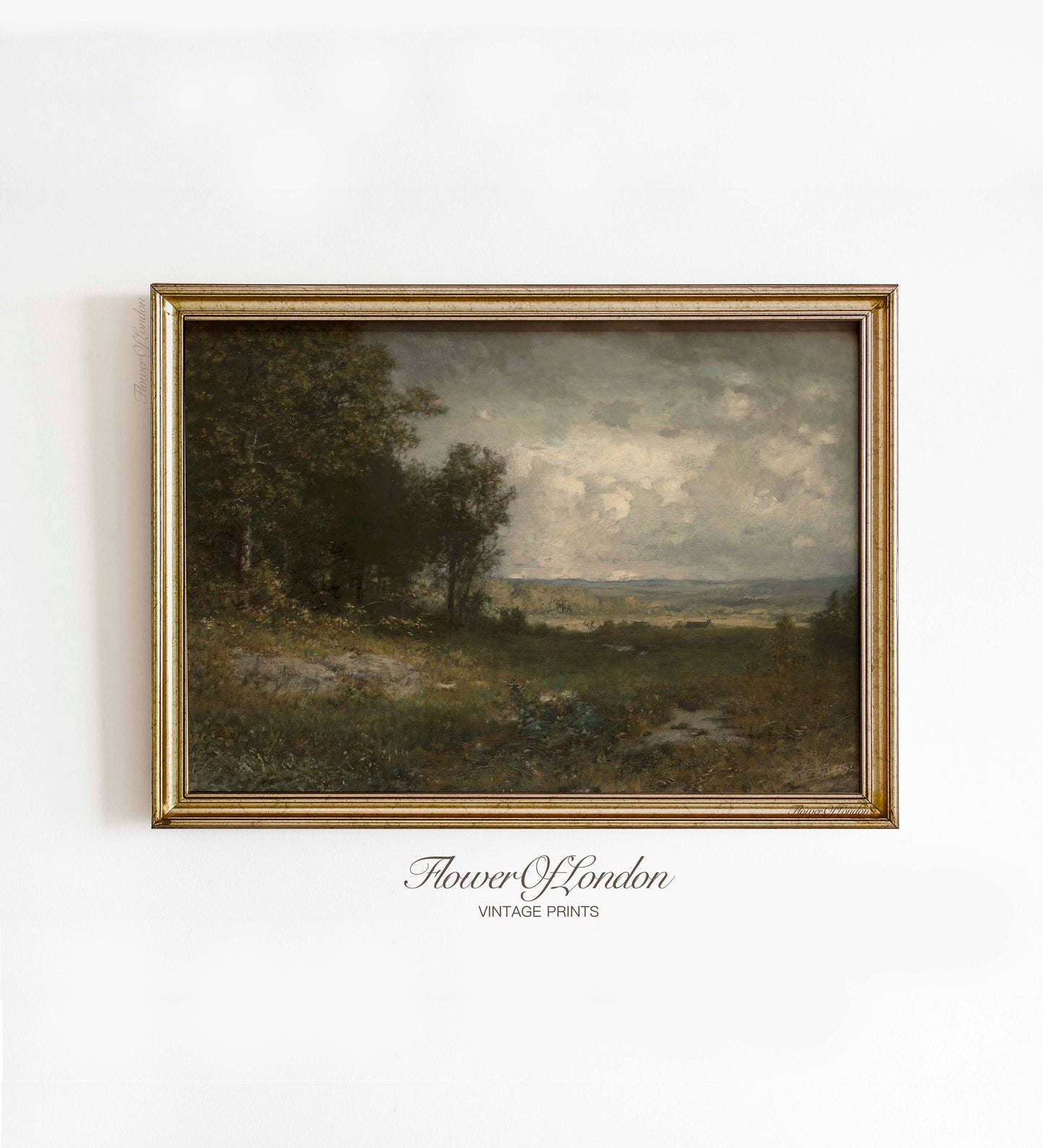 Dark Moody Landscape Print, Vintage Tonal Rustic Country Forest Openning Painting, #111