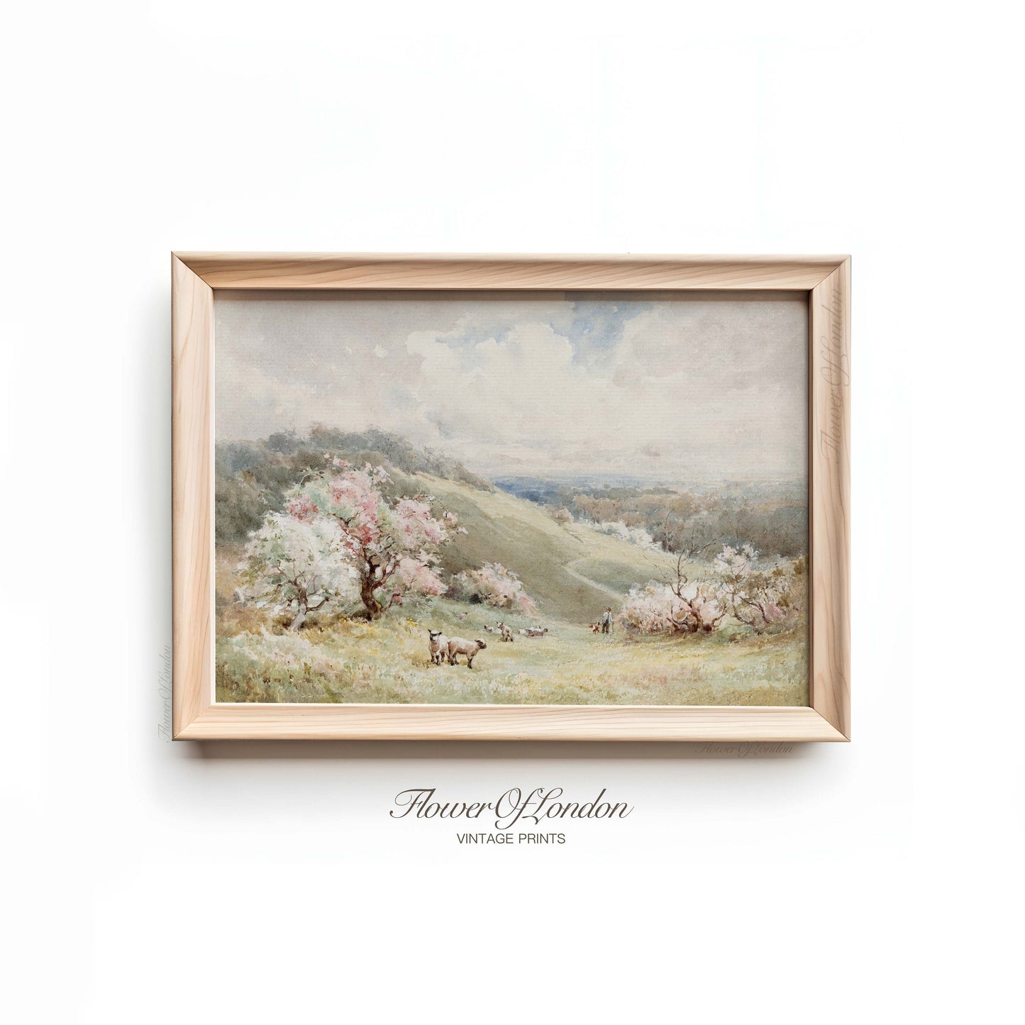 Spring Landscape Print, Vintage Meadow Sheep Pasture, Pastel Nursery Girls Room, #109