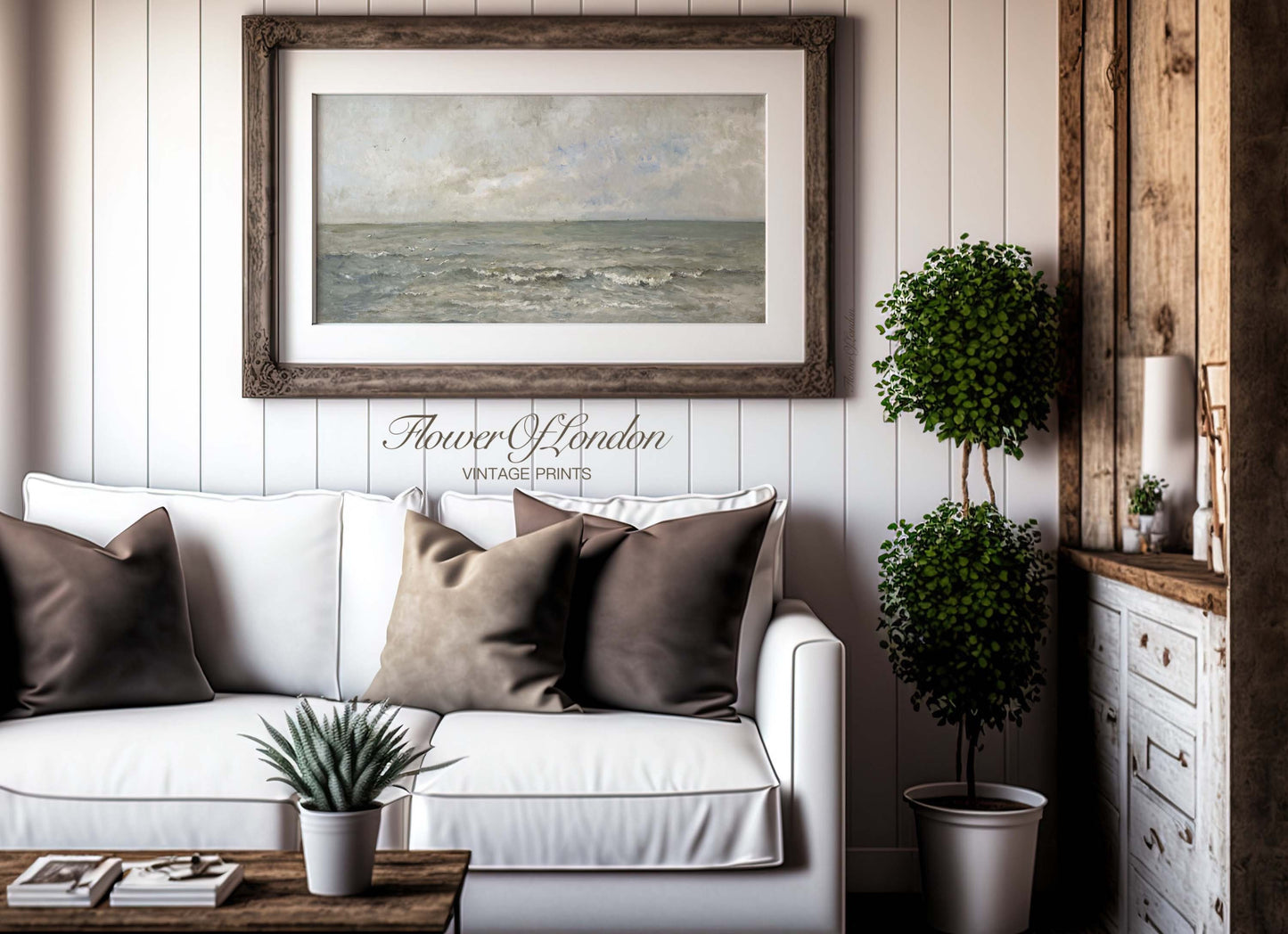 Moody Coastal Print, Vintage Rustic Neutral Seascape Painting, #117