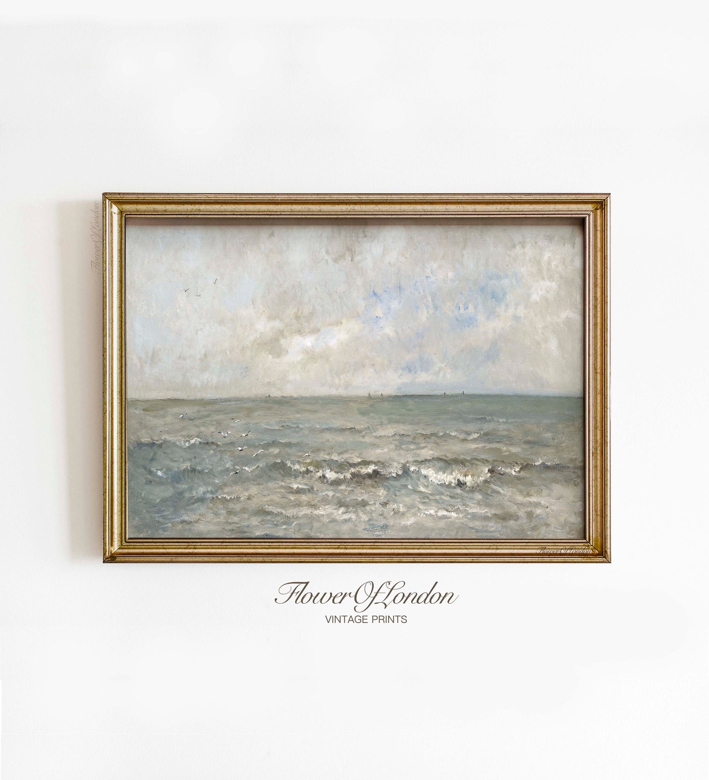 Moody Coastal Print, Vintage Rustic Neutral Seascape Painting, #117