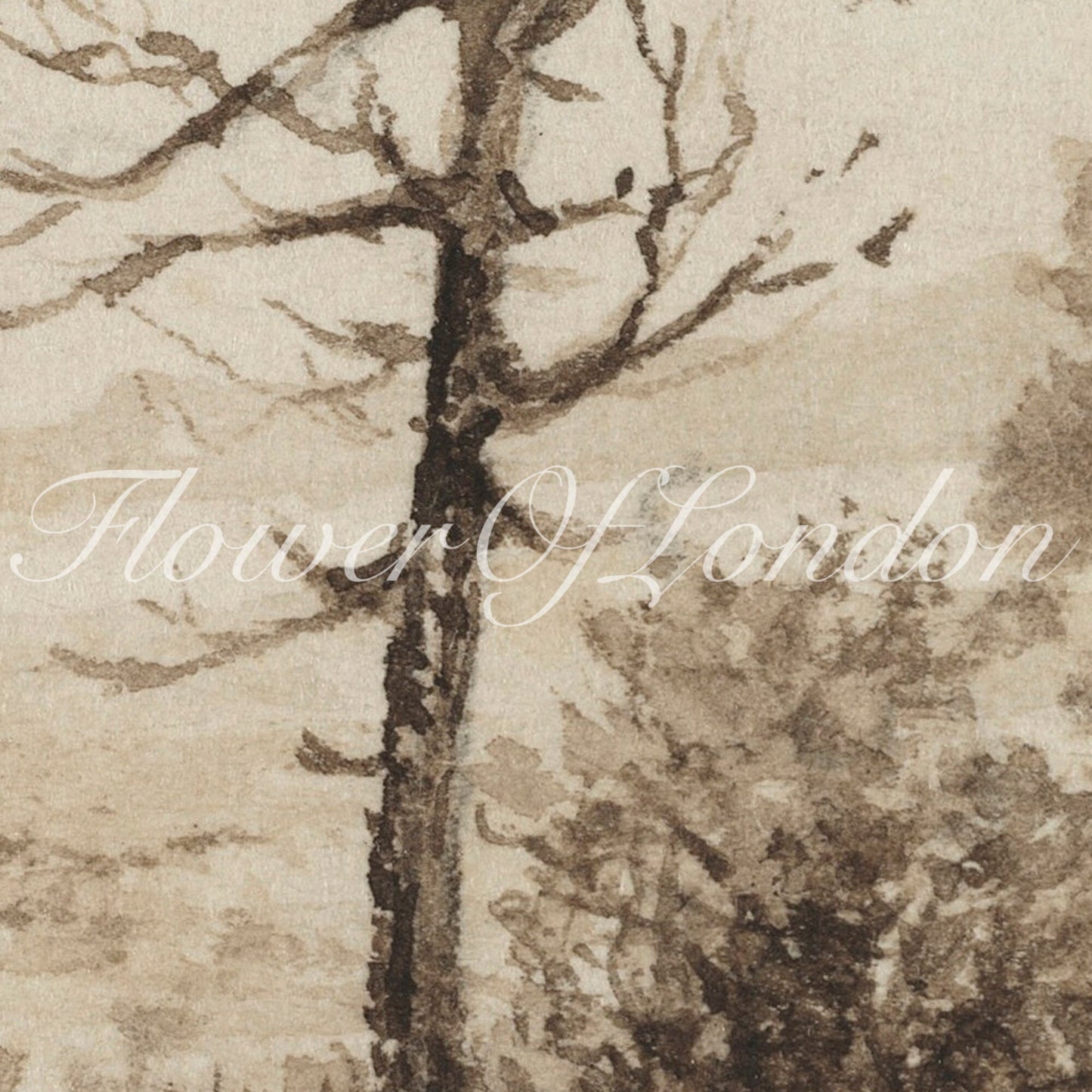 Rustic Moody Landscape Print, Vintage Beige Neutral Trees Sketch, #120