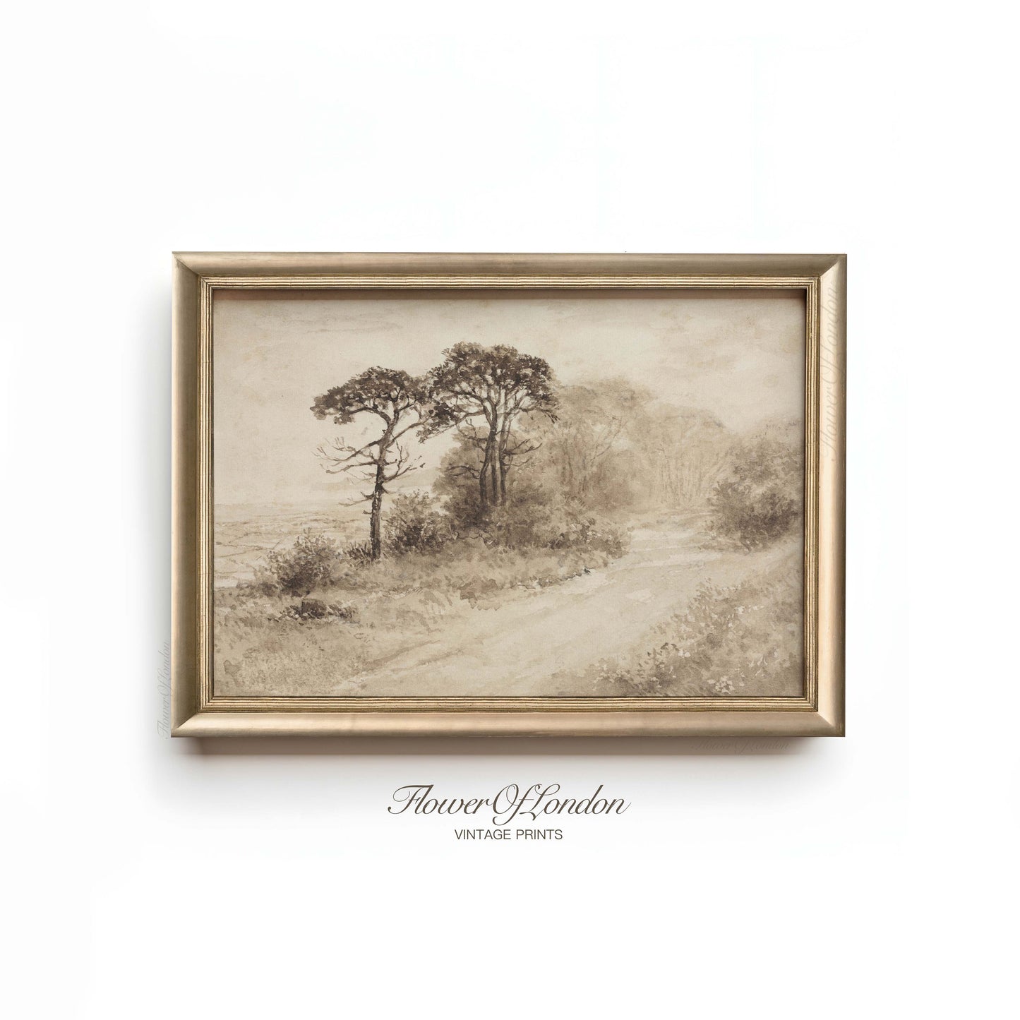 Rustic Moody Landscape Print, Vintage Beige Neutral Trees Sketch, #120