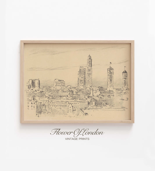 Vintage New York City Skyline Print, Minimalist Neutral Beige City Sketch, #127