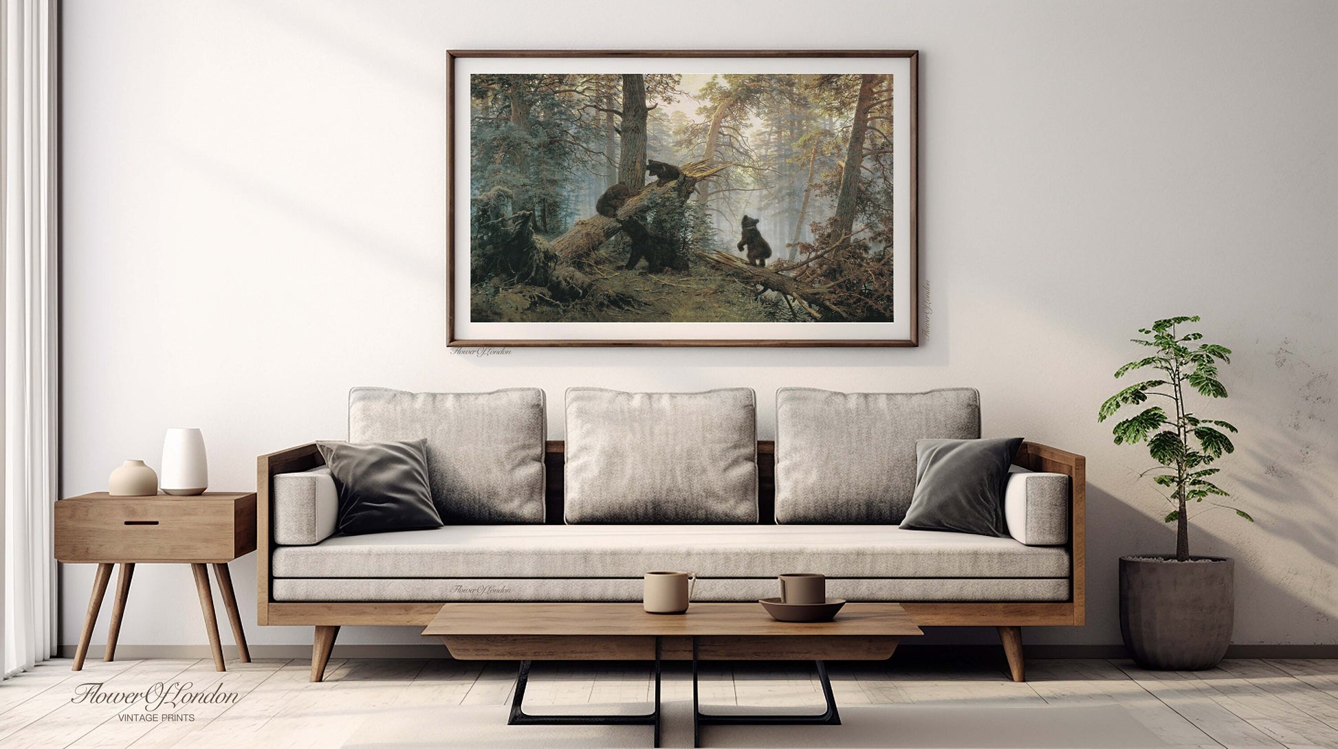 a living room with a couch and a painting on the wall