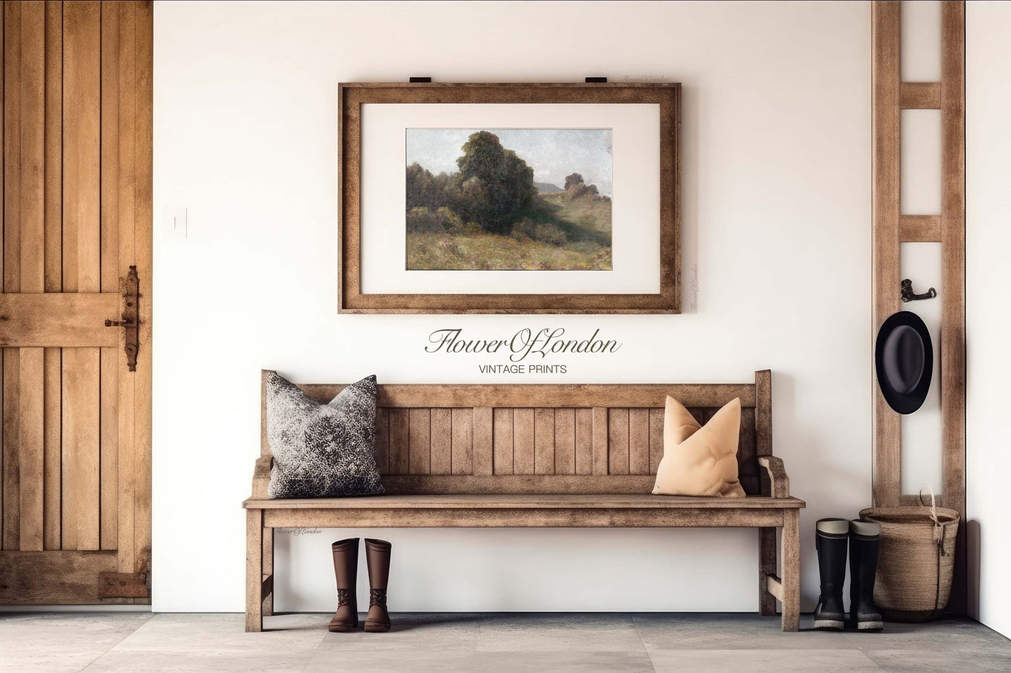 a wooden bench sitting under a picture on a wall