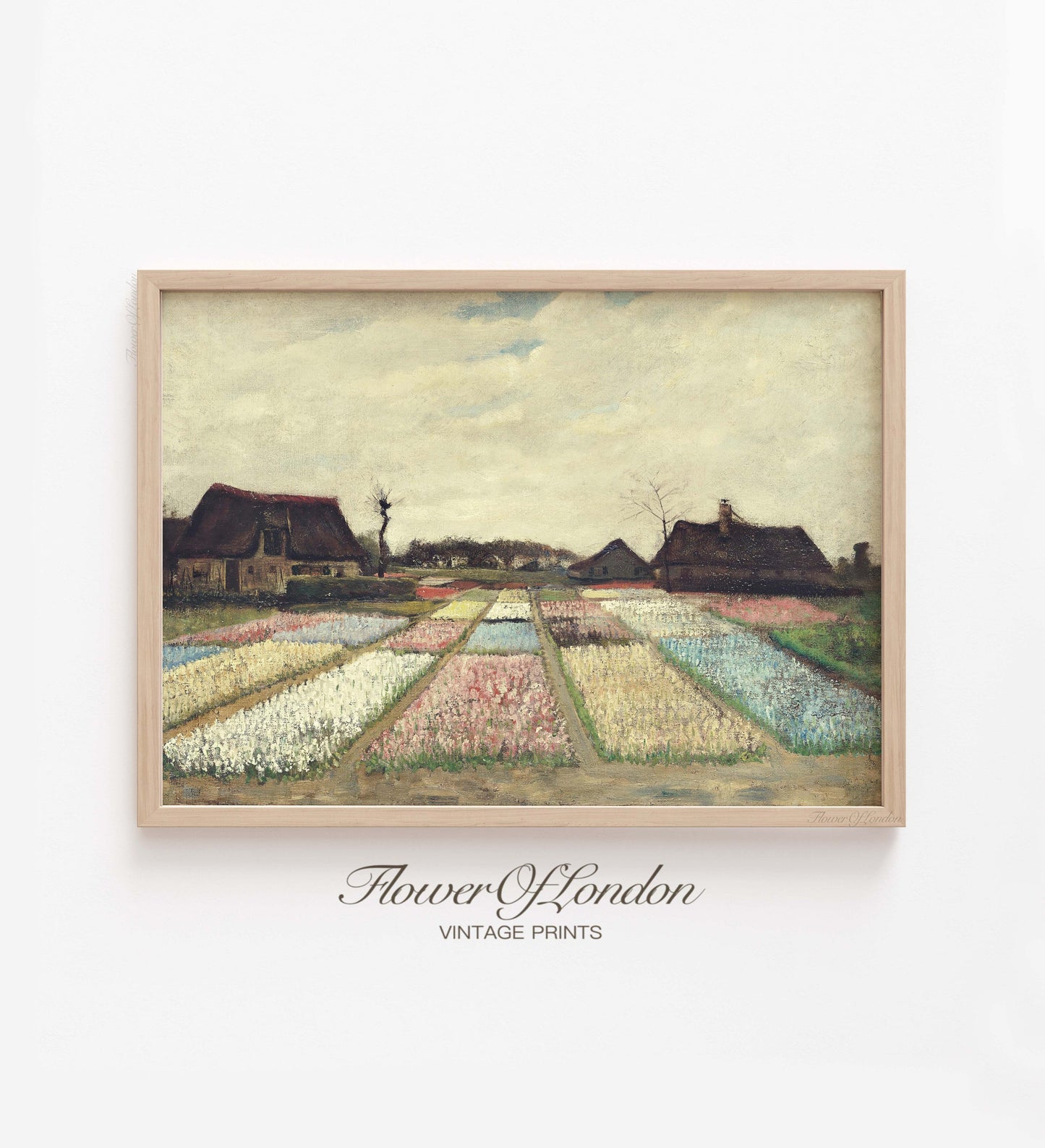 Dutch Tulip Field Print, Vintage Amsterdam Muted Summer Flowers Field Painting, #90