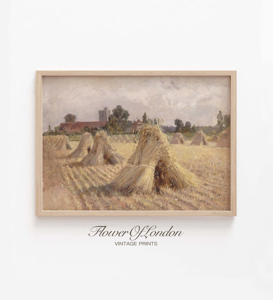 Wheat Haystacks Print, Neutral Summer Vintage Corn Field Harvest Landscape, #141