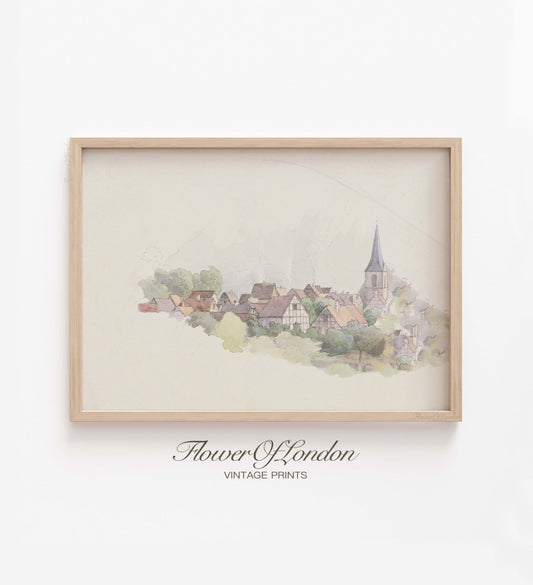 Vintage Village Church Print, Minimalist Old City Pastel Watercolour Drawing, #135