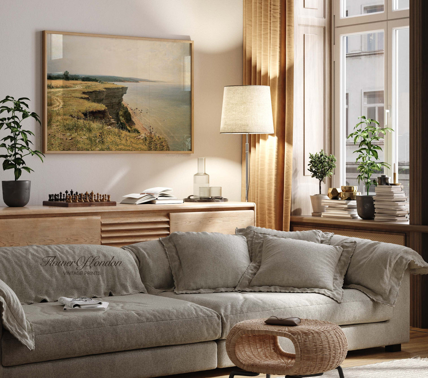 a living room filled with furniture and a painting on the wall