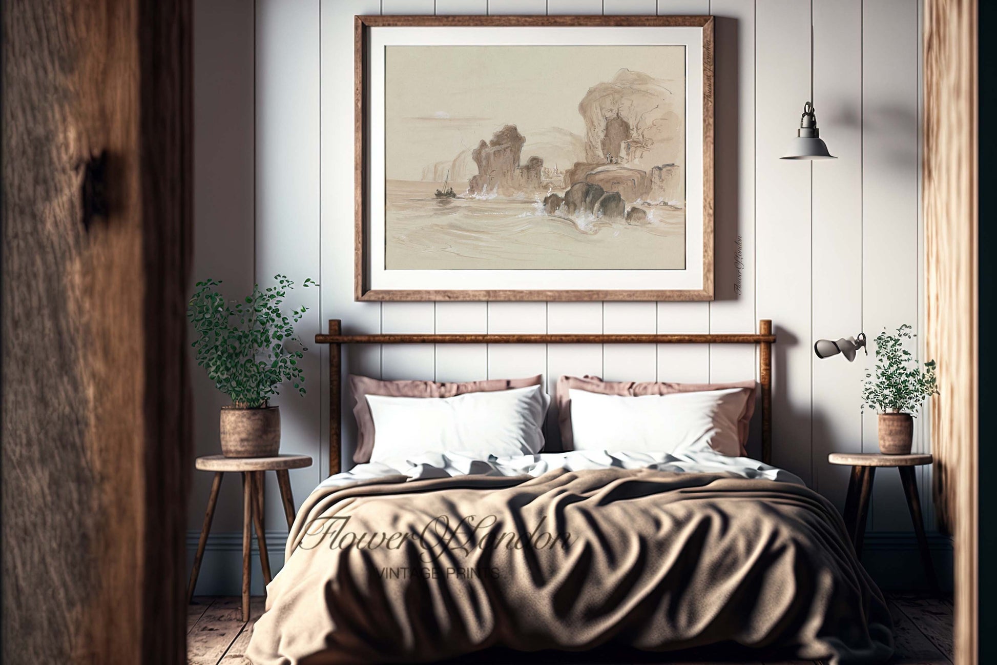 a bedroom with a picture hanging above the bed