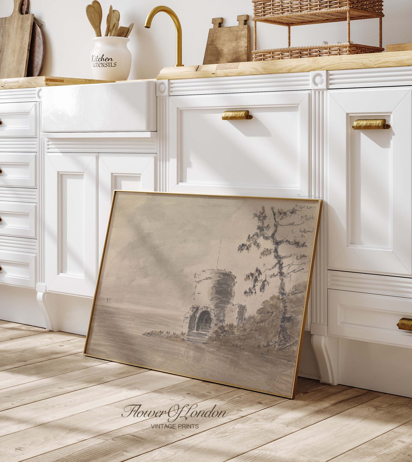 a picture frame sitting on the floor in a kitchen