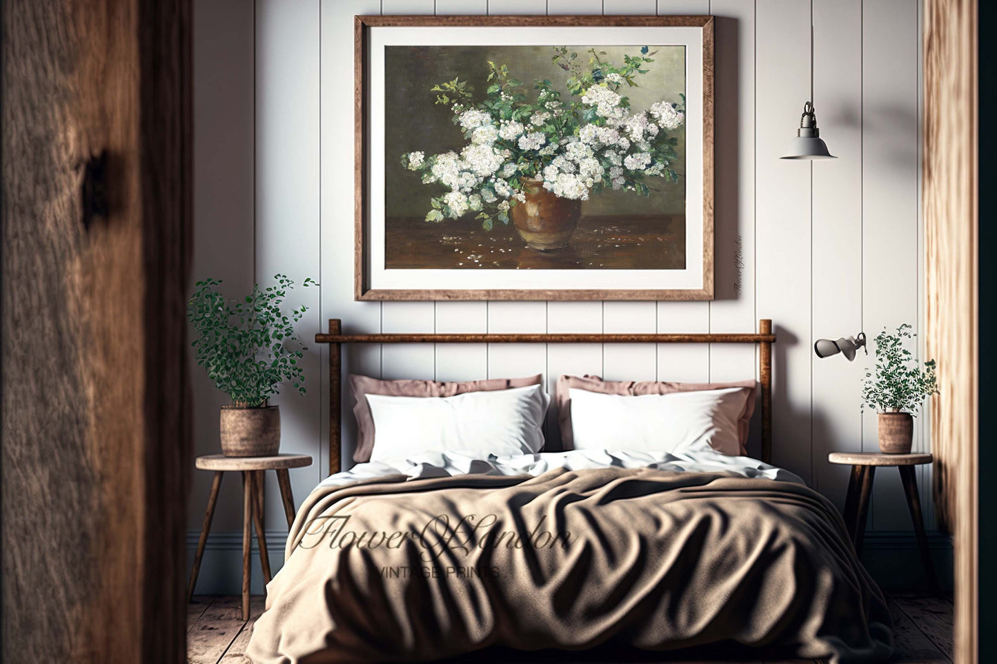 a bedroom with a bed and a painting on the wall