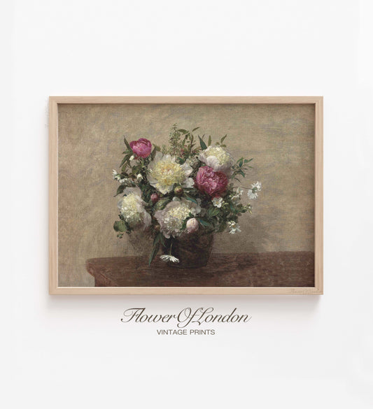 Peonies Bouquet Print, Vintage Muted Neutral Still Life, Countryside Flowers, #136