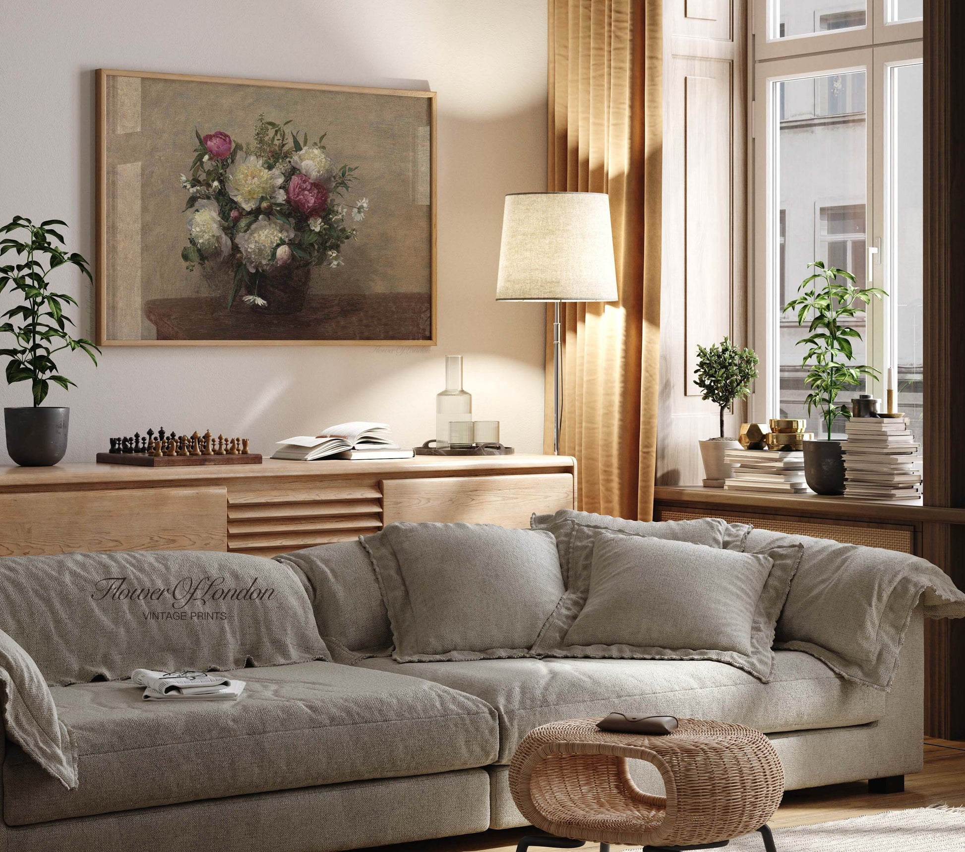 a living room filled with furniture and a painting on the wall