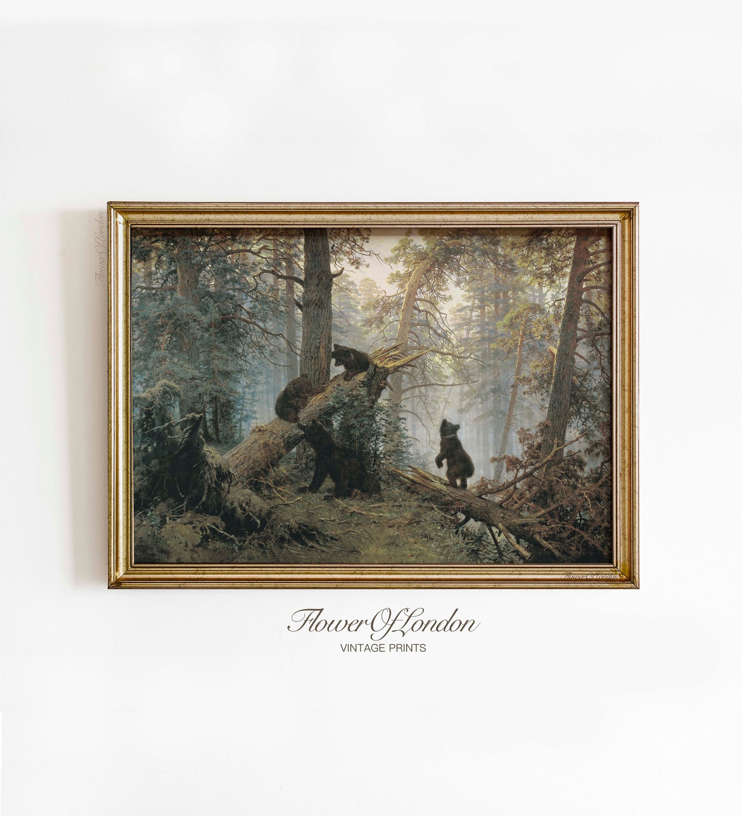 Vintage Bears in Forest Print, Bear with Bear Cubs in Woodland, Pine Forest, #139