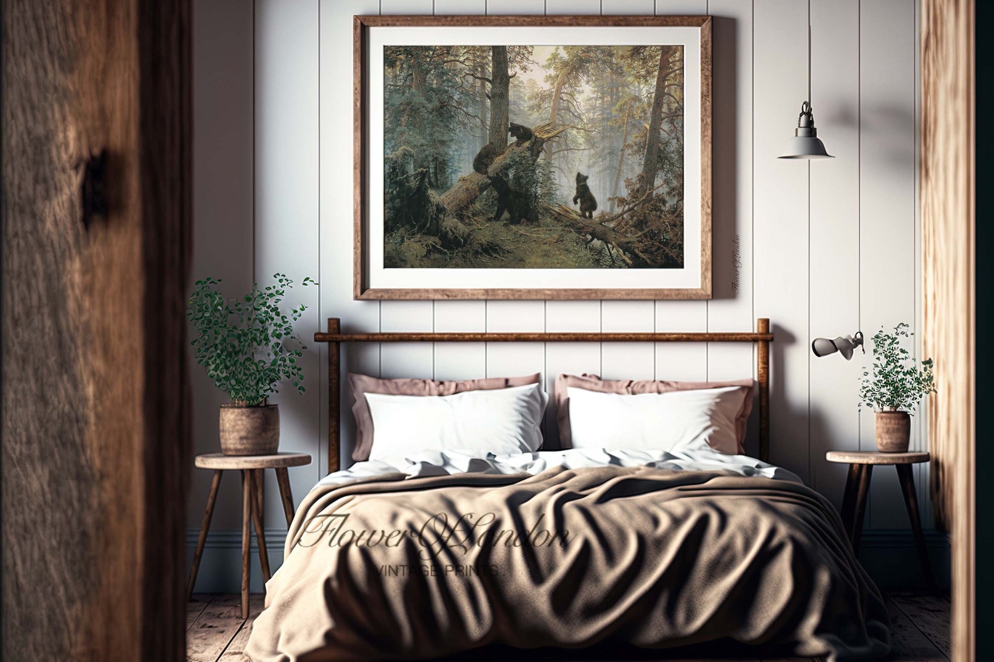 a bedroom with a bed and a painting on the wall