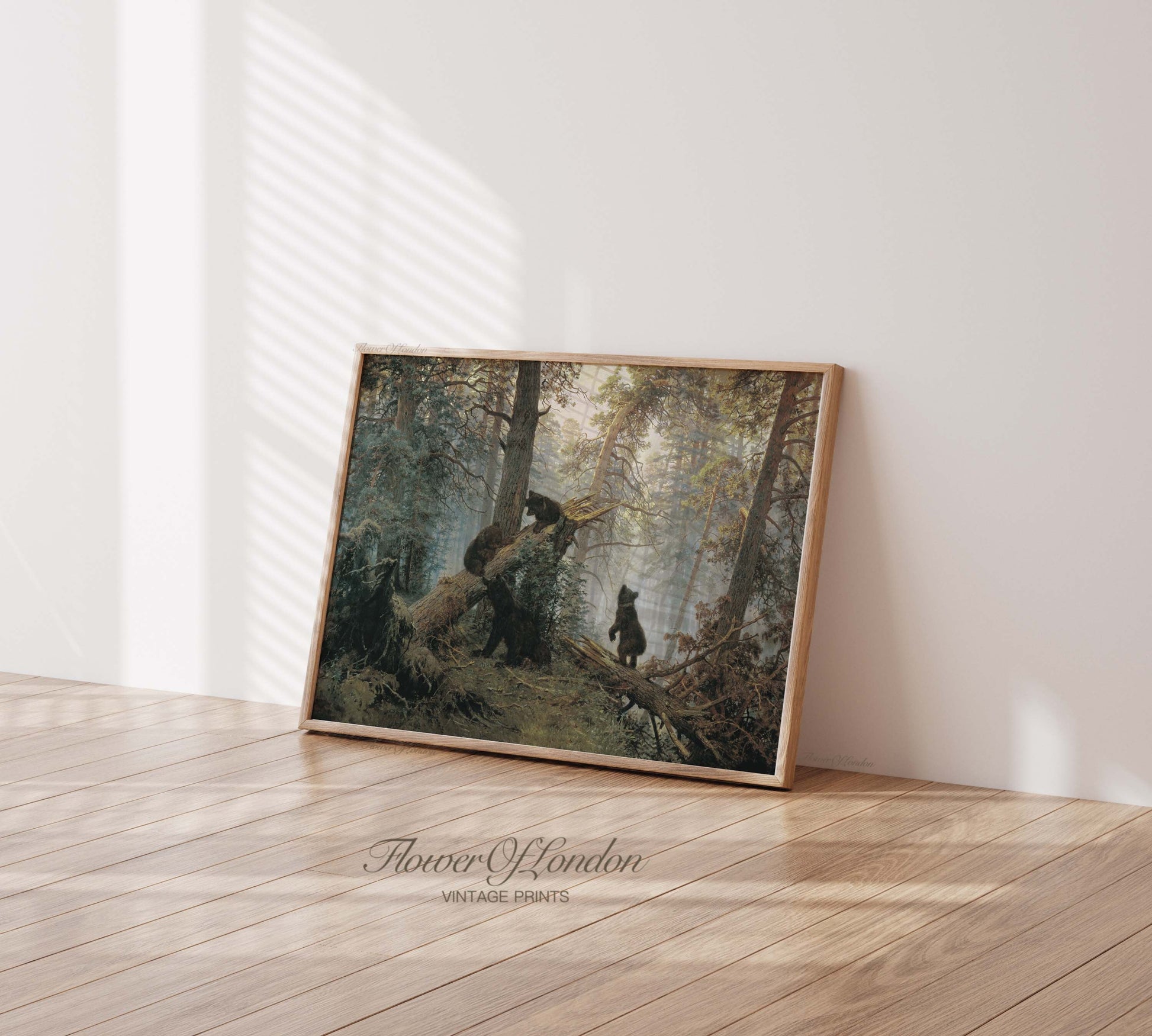 a painting of a bear and two dogs in a forest