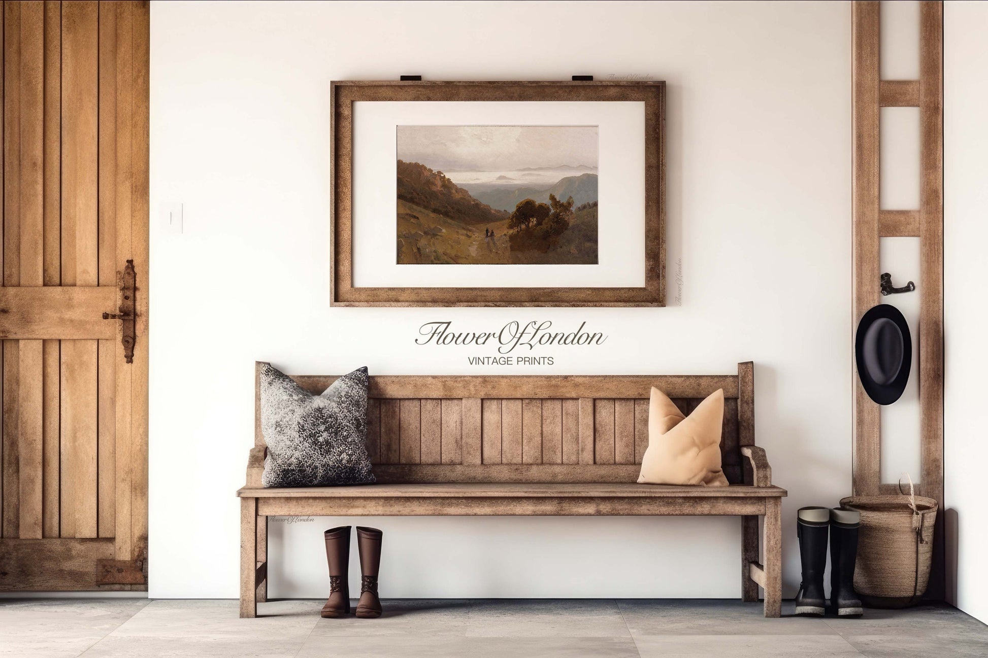 a wooden bench sitting under a picture on a wall